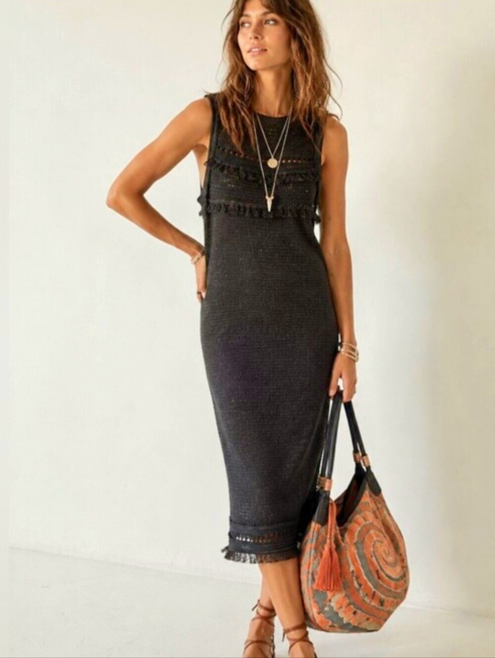 J. Crew Fringe Black Crochet Knit Midi Dress